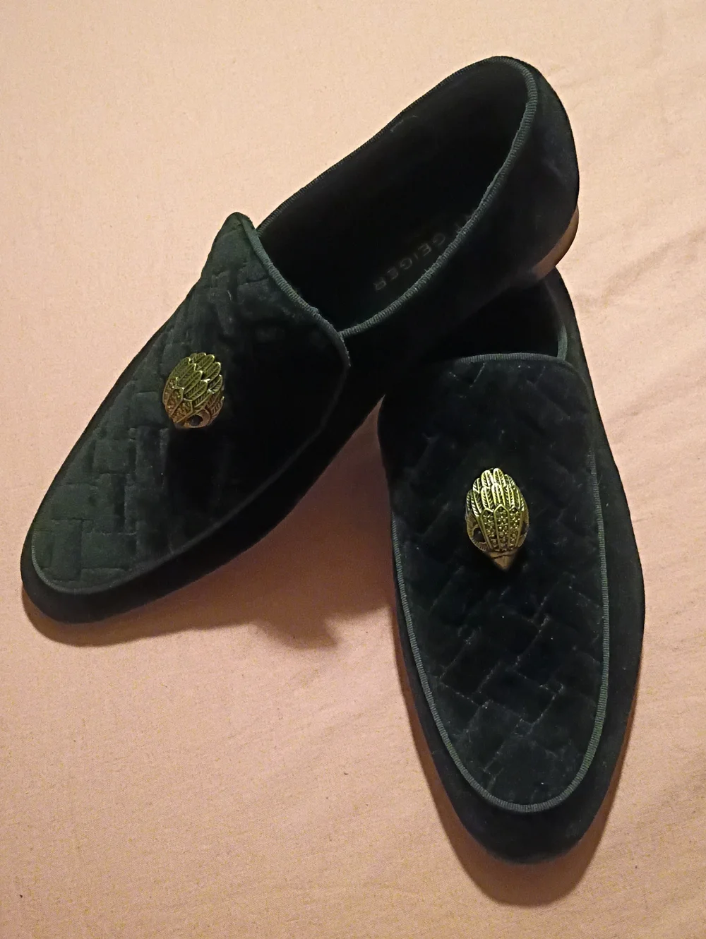 Kurt Geiger Black Velvet Quilted Loafers with Gold Crest